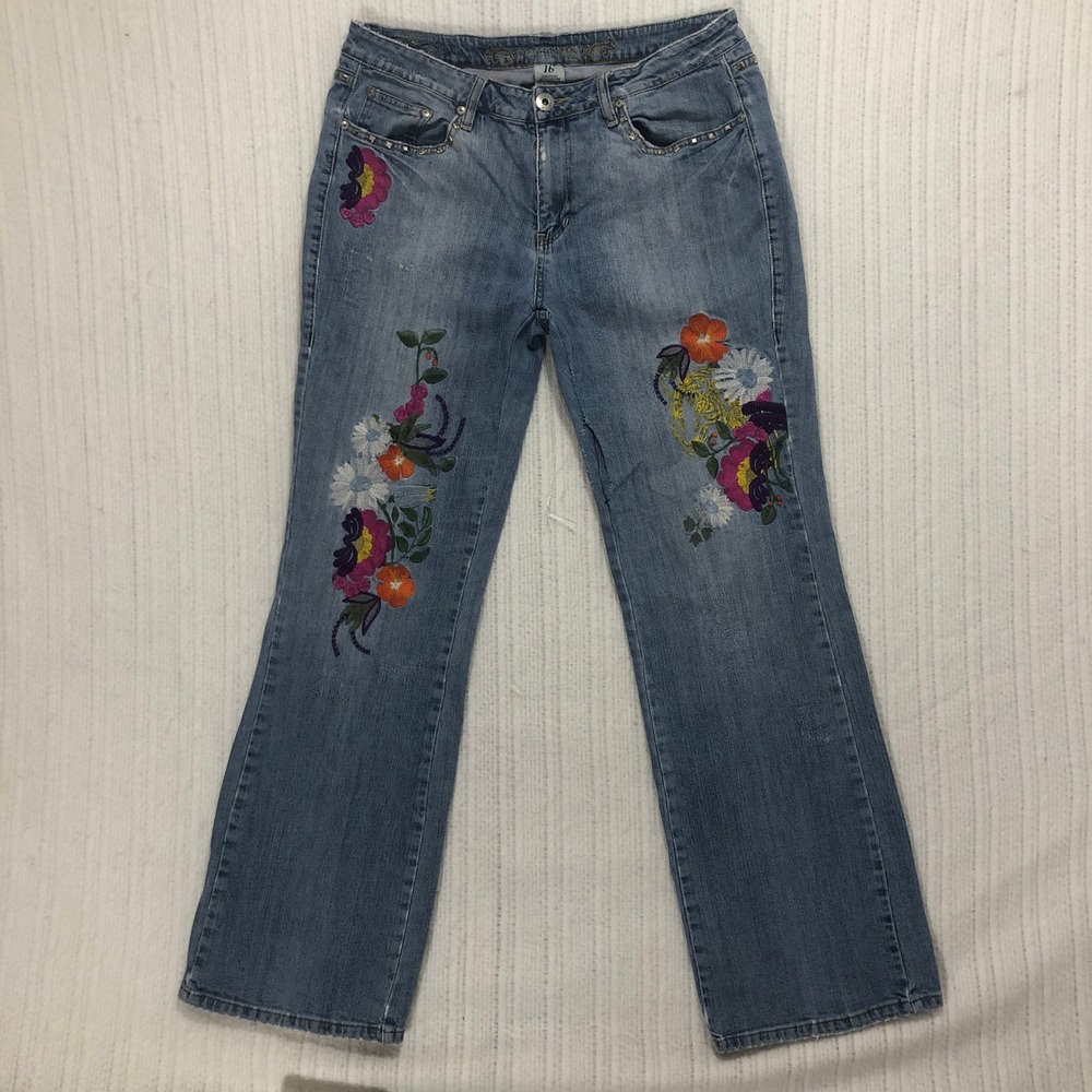 Request Floral‎ Embroidered Jeans Studded Pockets Bootcut Denim Size 16